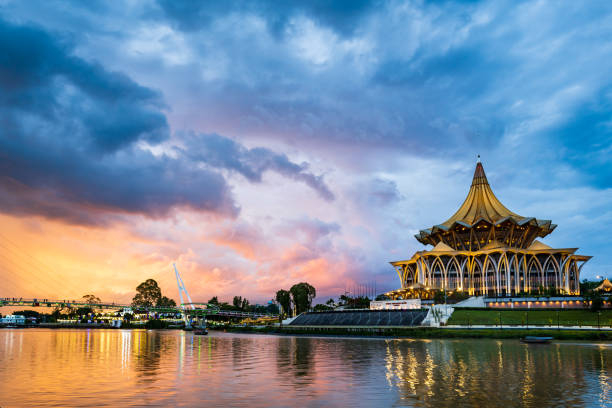 Kuching city waterfront sunset with river and landmarks in Sarawak, Malaysia.