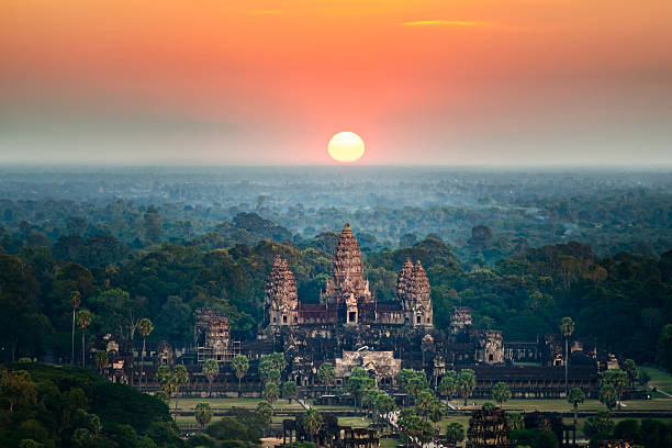 Beautiful aerial view of Angkor Wat at sunrise. Siem Reap, Cambodia