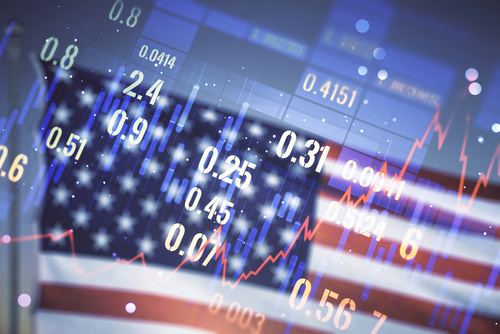 Abstract,Virtual,Financial,Graph,Hologram,On,Usa,Flag,And,Sunset