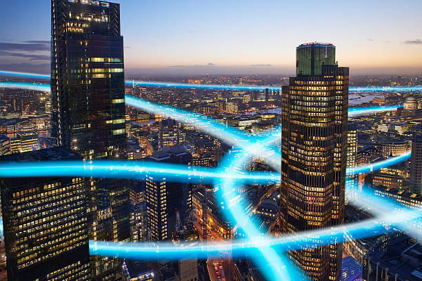 City of London business district with light trails.