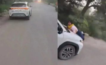 男子与情妇车内约会被抓奸 妻趴汽车引擎盖遭拖行百米
