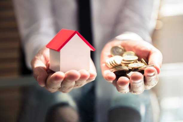 Close-up Of A Businessperson's Hand Holding House Model And Golden Coins